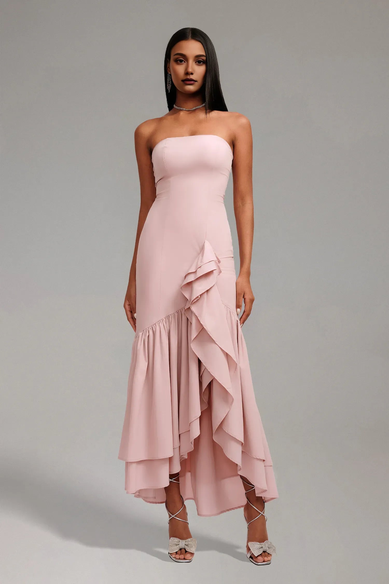 Vestido Weitese sin mangas, sin tirantes, largo hasta el suelo, ajustado, para fiesta, con dobladillo con volantes asimétricos